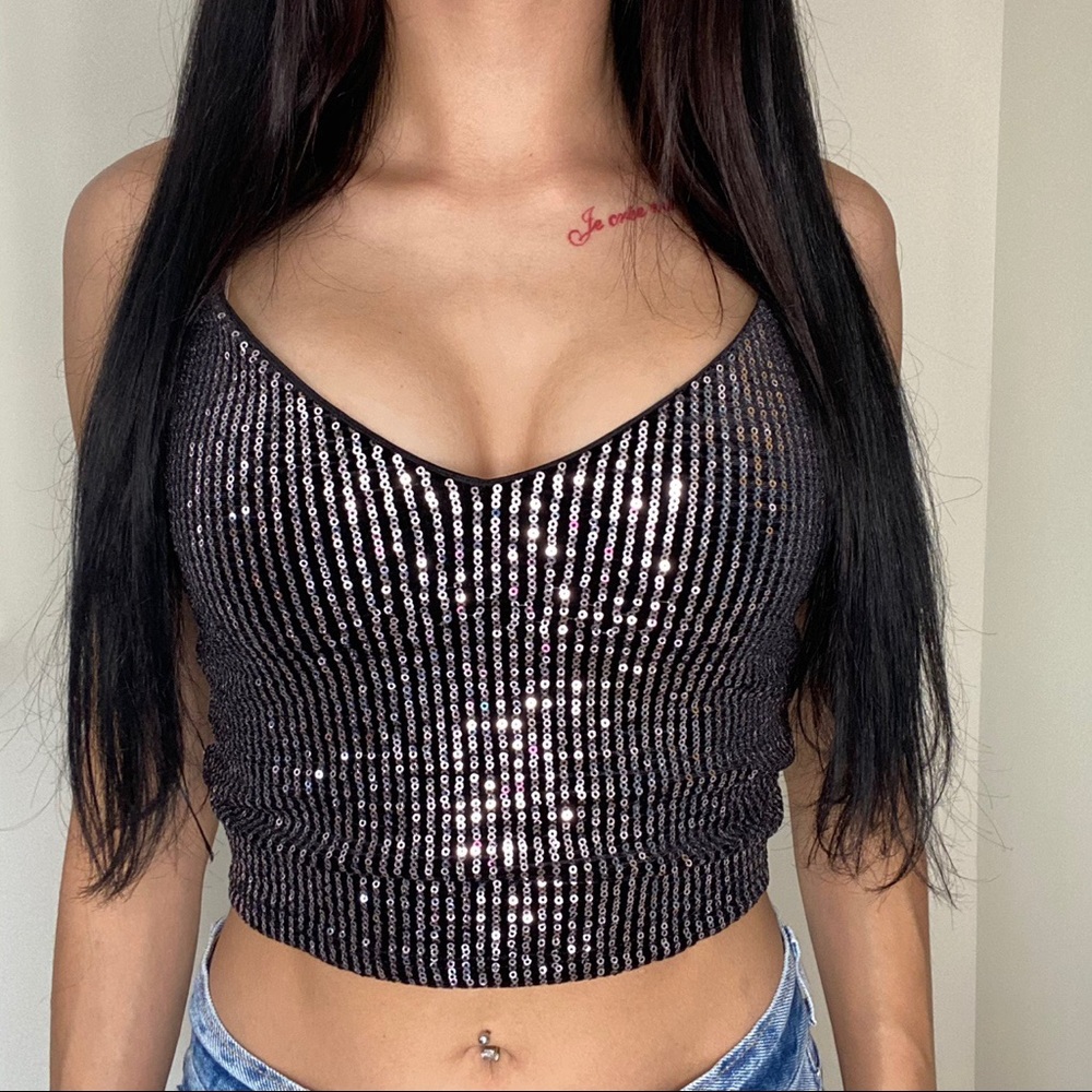 Silver foil sequin top